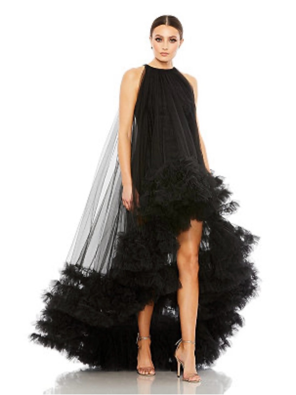 New Mac Duggal Tulle High Neck Sleeveless Ruffled Hem Hi Lo Gown